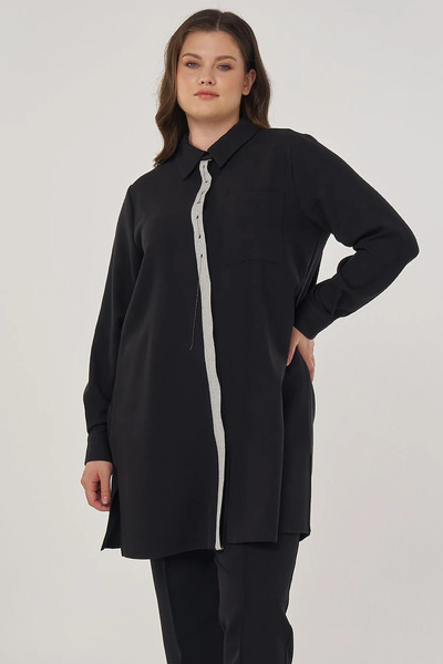 Kayra Chain Detailed Relaxed Fit Viscose Tunic Black