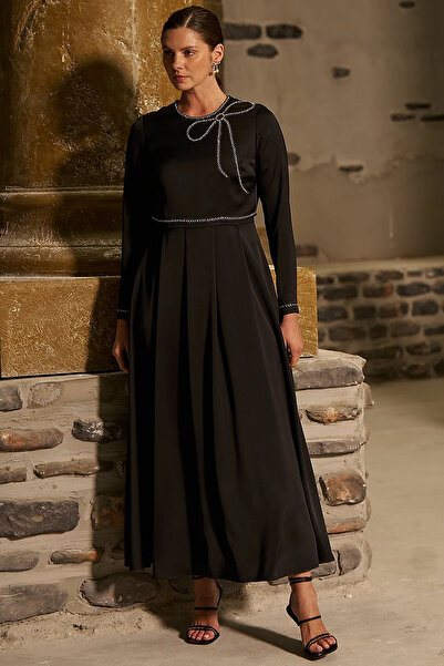 Kayra Ribbon Embroidered Satin Stylish Dress Black