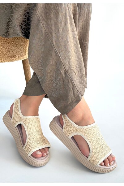 pabucmarketi Beige Straw Women's Flat Sandals