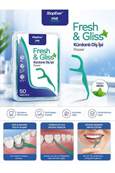 StopEver Well Tooth Kürdanlı Diş İpi Fresh & Gliss 3 Adet x 50'li Plastik Kut...