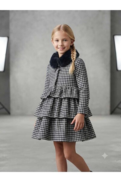 Hilal Akıncı Kids Girl's Fur Collar Houndstooth Patterned Long Sleeve Layered...