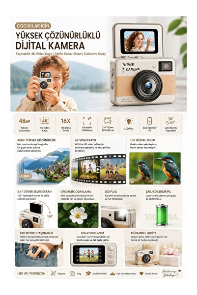 Mmctech 48MP 4K Mini Dijital Fotoğraf Makinesi 2.4'' Döner Selfie Ekranı Otomatik Odaklama LED Flaş Şarj Edilebilir