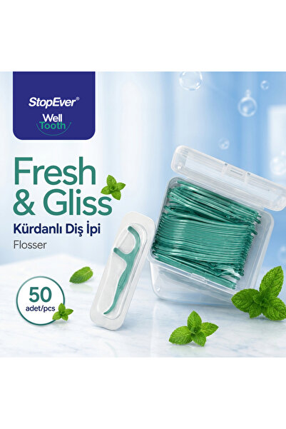 StopEver Well Tooth Kürdanlı Diş İpi Fresh & Gliss 3 Adet x 50'li Plastik Kutulu (150 Adet)