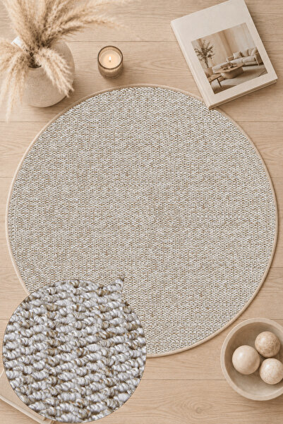 SANRUGS Home & Living CRYSTAL Bej Yuvarlak Halı, Leke Tutmaz, Tozumaz, Renk E...
