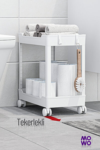 Mowo Home Mowo 2 Katlı Tekerlekli Banyo Rafı, Tuvalet Kağıtlık, Havluluk, Det...