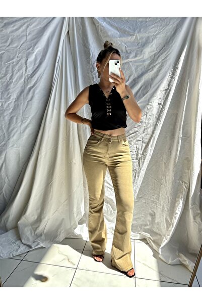 Gözde Tasarım Butik Women's Stone Washed Khaki Color Lycra Spanish Flare Jeans