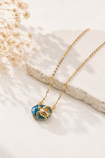 Spossy Silver Jewelry 925 Ayar Gümüş Gold Kaplamalı Aqua Taşlı Kaplumbağa Kolye