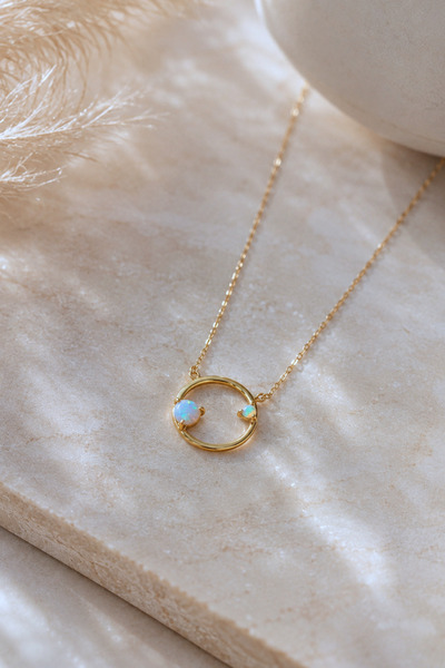 Spossy Silver Jewelry 925 Ayar Gümüş Gold Kaplamalı Yuvarlak Opal Taşlı Kolye