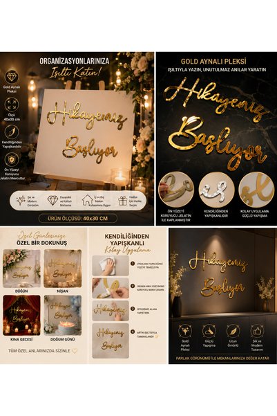 EKOSEHOME Gold Pleksi Aynalı Hikayemiz Başlıyor Yazısı Söz, Kına, Nişan Dekoru 40 x 30