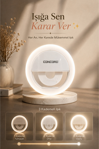 Concord LED Selfie Işığı 3 Kademeli Güçlü Işık Yeni Nesil Type-C Şarjlı Tüm Telefonlara Uyumlu Kamera Dolgu Işığı