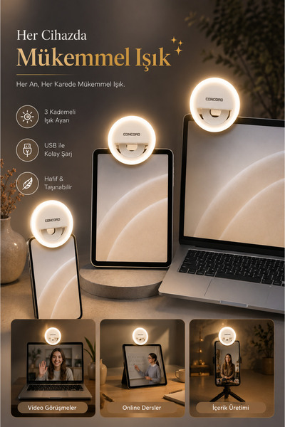 Concord LED Selfie Işığı 3 Kademeli Güçlü Işık Yeni Nesil Type-C Şarjlı Tüm Telefonlara Uyumlu Kamera Dolgu Işığı