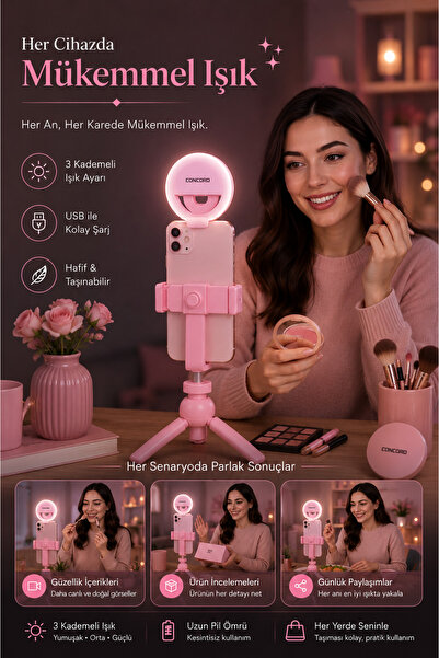 Concord Kamera / LED Selfie Işığı 3 Kademeli Güçlü Işık Yeni Nesil Type C Şarjlı Tüm Telefonlara Uyumlu Dolgu Işığı /