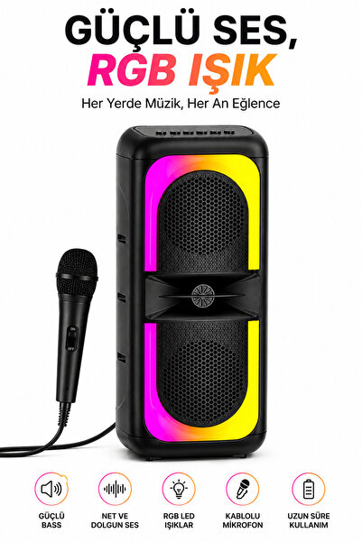 Omaze Bluetooth Hoparlör Karaoke Kablolu Mikrofonlu Taşınabilir RGB Işıklı Şa...