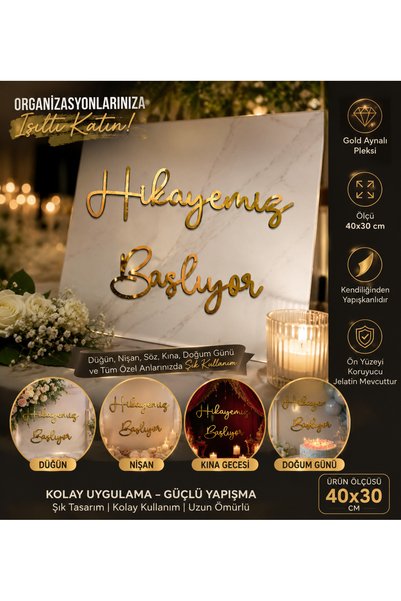 EKOSEHOME Gold Pleksi Aynalı Hikayemiz Başlıyor Yazısı Söz, Kına, Nişan Dekoru 40 x 30