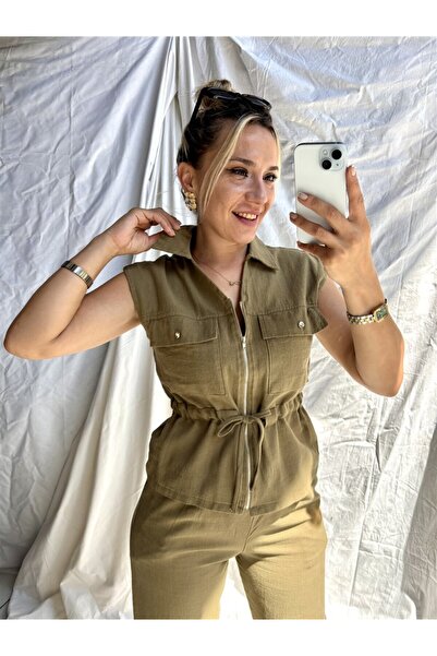 Gözde Tasarım Butik Women's Khaki Color Safari Style Pocketed Flam Linen Vest...