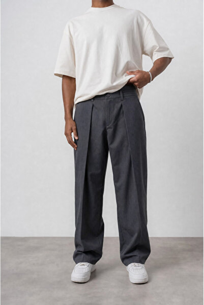 Respire Men's Deep Pleated Fabric Baggy Trousers Anthracite