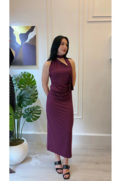 SHIN Butik SHIN Mürdüm Degaje Yaka Drapeli Midi Elbise