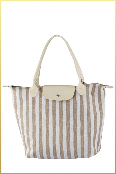 birizmoda Çizgili Shopper Çanta - Bej - Beyaz