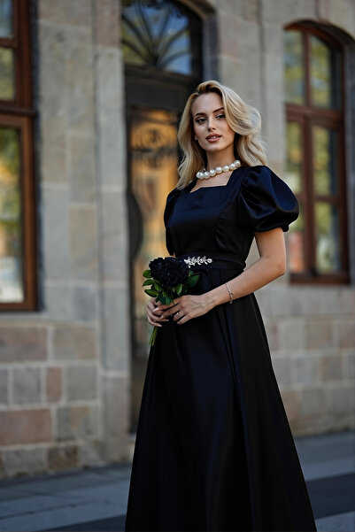 ALFUDO Moda Collection KADIN SİYAH KARE YAKA KEMER TOKASI DETAYLI VICTORIA ABIYE MEZUNIYET ELBİSE