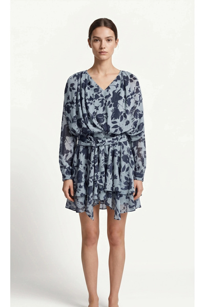 SHIN Butik SHIN Mavi Floral Şifon Mini Elbise