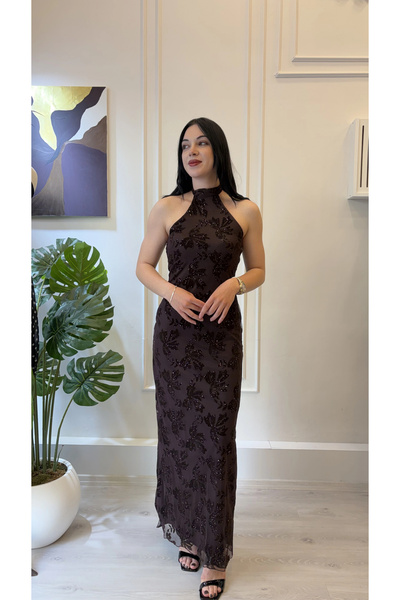 SHIN Butik Gold Işıltılı Boyundan Bağlamalı Gece Elbisesi