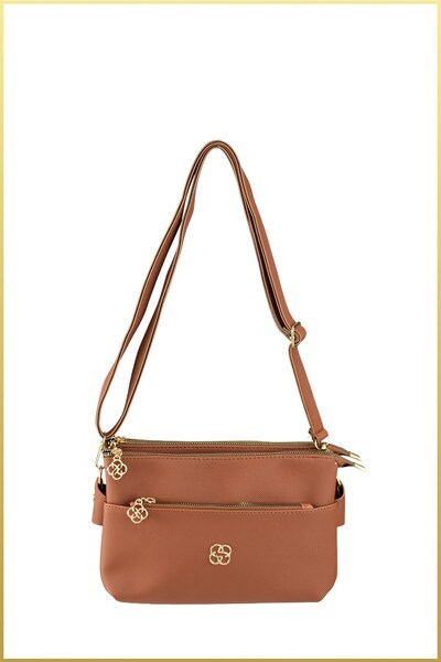 birizmoda Women's Three-Compartment Shoulder Bag with Gold Accessories - Tan
