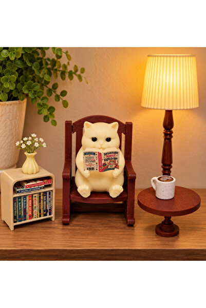 Printech3d Kitap Okuyan Kedi Biblo Lamba Seti - Retro Tasarım Dekoratif Gece ...