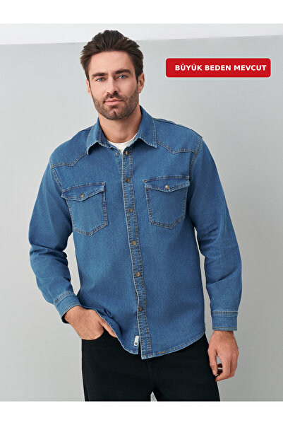 muzzo jeans Mavi Pamuklu Likralı Kot Gömlek