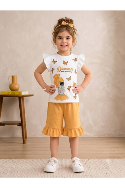 Generic Brand Girl's Butterfly Printed Ruffle Capri Set Cotton Summer Wear
