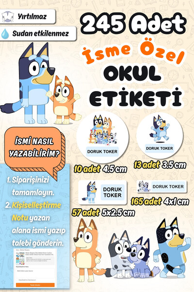 Sticker Ekspres Okul Etiketi Yeni Bluey Kalem Defter Etiketi Özel İsim Yazıla...
