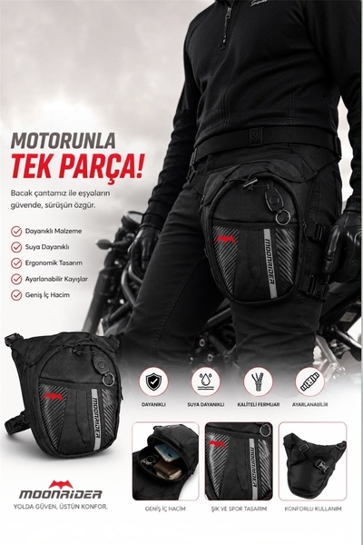 Moonrider Motosiklet Bacak&bel Çantası Premium Suya Dayanıklı Unisex Geniş Ayarlanabilir Kemerli Motorcu Çanta
