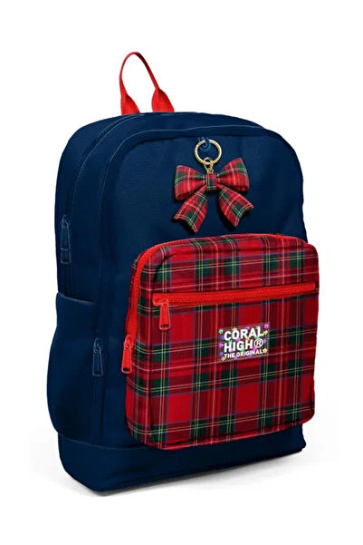 Coral High Kids Navy Blue Plaid Bow Patterned School Backpack 33207