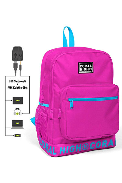 Coral High Neon Pink Embroidery Logo Four Compartment USB Backpack 24108