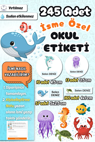 Sticker Ekspres Okul Etiketi Deniz Canlıları Kalem Defter Etiketi Özel İsim Y...
