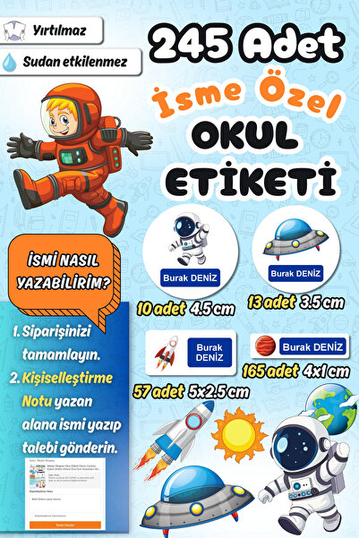 Sticker Ekspres Okul Etiketi Uzay Temalı Kalem Defter Etiketi Özel İsim Yazıl...