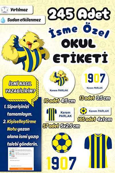 Sticker Ekspres Okul Etiketi Sarı Lacivert Futbol Kalem Defter Etiketi Özel İ...