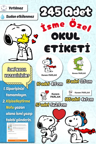 Sticker Ekspres Okul Etiketi Snoopy Kalem Defter Etiketi Özel İsim Yazılabile...