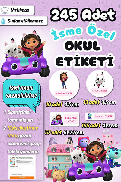 Sticker Ekspres Okul Etiketi Gabby Temalı Kalem Defter Etiketi Özel İsim Yazı...