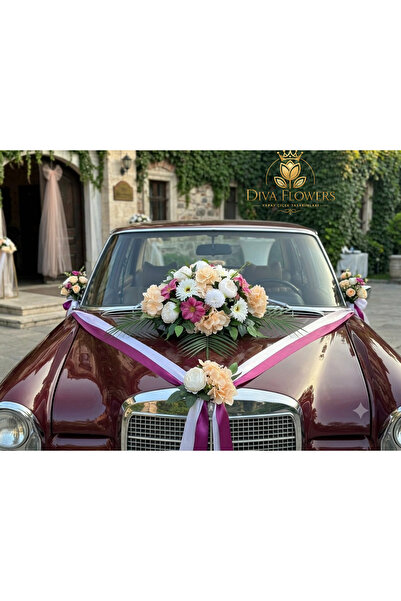 DİVA FLOWER EVENT Lüx Yapay Gelin Arabası Çiçeği Seti – 70-75 CM Vantuzlu Kap...