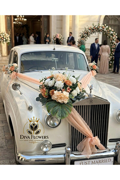 DİVA FLOWER EVENT Lüx Somon & Şeftali Gelin Arabası Çiçeği – Vantuzlu Kaput A...