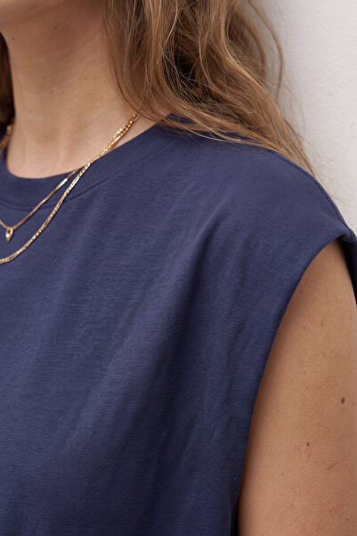Elemge 100% Cotton Single Jersey T-Shirt Women's Oversize Indigo T-Shirt Wide Shoulder Draped Sleeveless Loose Fit Compact Combed Cotton