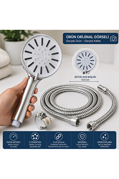 Plodna House Yüksek Basınçlı 5 Fonksiyonlu Büyük Boy Duş Seti 150 cm Spiral Hortum Vidalı Mafsal G1/2 21 mm