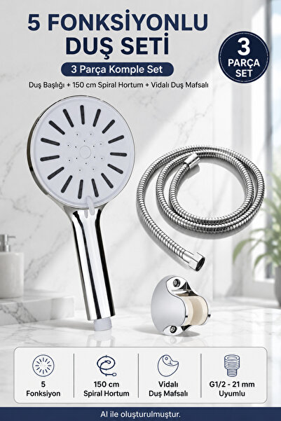 Plodna House Yüksek Basınçlı 5 Fonksiyonlu Büyük Boy Duş Seti 150 cm Spiral H...