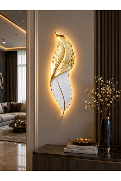 ASZEN Yarı Gold Beyaz Kuş Tüyü LED Duvar Apliği 62x18 cm – 220V Elektrikli, 3...