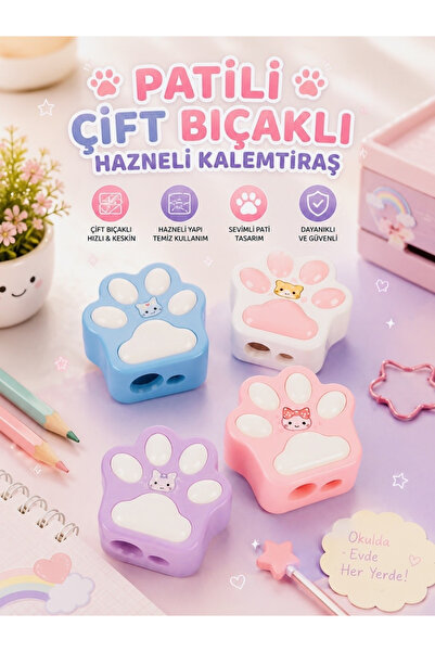 ÖZ OFİS Kawaii Büyük Boy Patili Kalemtıraş - Hazneli - Çift Bıçaklı - Tekli