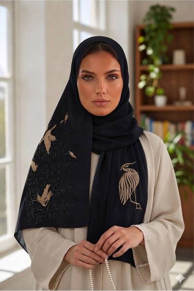 Veil Designer طرحة اوريغامي اسو د بوال قماش ياباني بتطريز مختلف علي الطرفين ا...