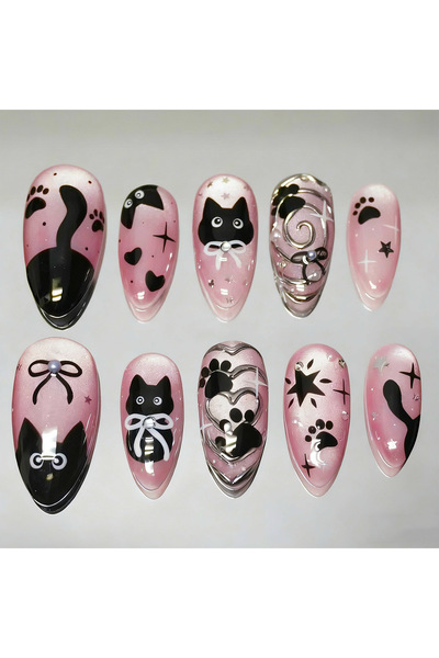 Choice HZ0368 24pcs Cat's Eye False Nails Flower Bow Pattern Almond Press on ...