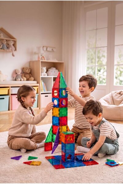 ADİL OYUNCAK 72 Parça Manyetik Yapı Blokları | Montessori Eğitici Oyuncak | 3D Mıknatıslı Blok Seti