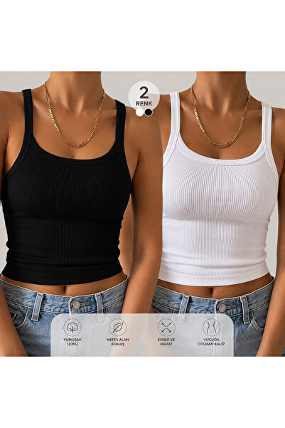 LEMAR MODA Kadın Beyaz Siyah Ip Askılı Kaşkorse Atlet 2Li Kadın Atlet Kaşkors...