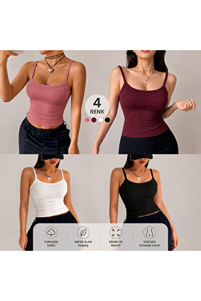 LEMAR MODA Kadın Rengli 4Lü ip Askılı Kaşkorse Atlet Kadın Fitilli Atlet - Sp...